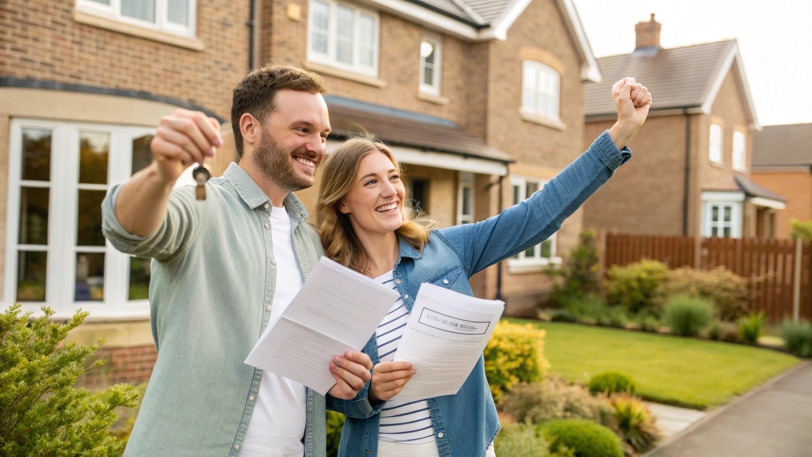 Happy couple holding keys after receiving positive house survey report